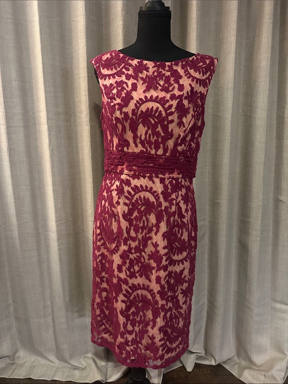 Adrianna Papell Burgundy Floral Lace Midi Dress